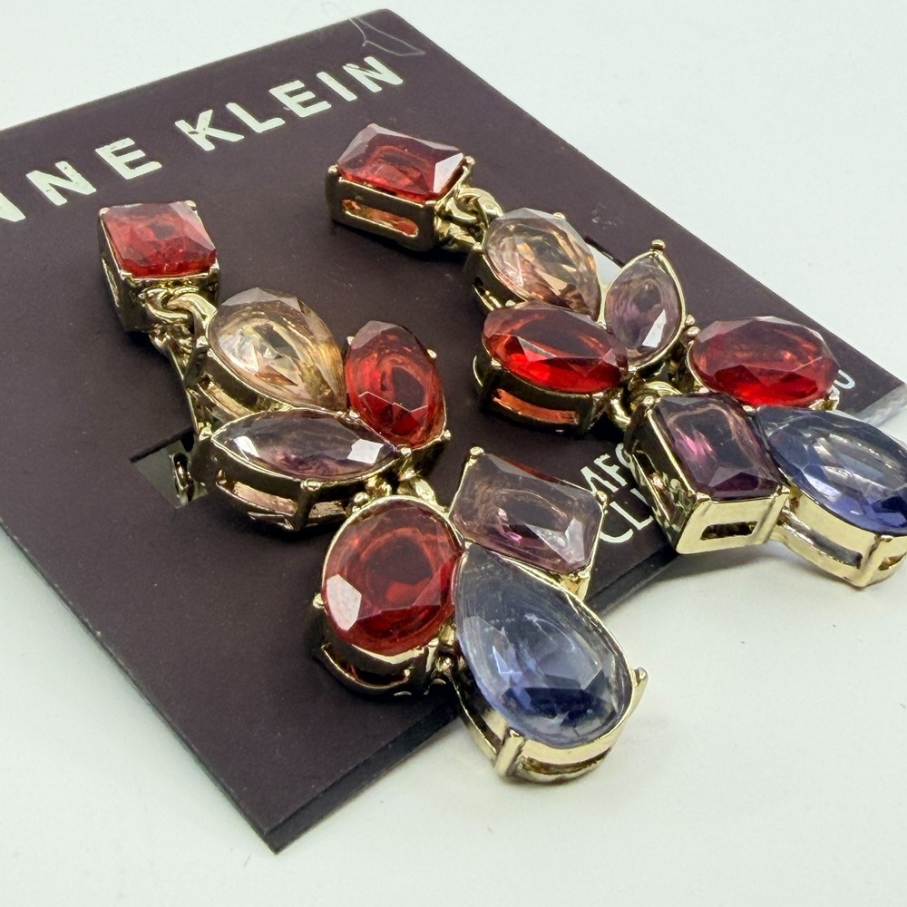 Vintage Anne Klein Clip-On Drop Earrings Multicolor Jewel Cluster Gold Tone - Picture 5 of 8